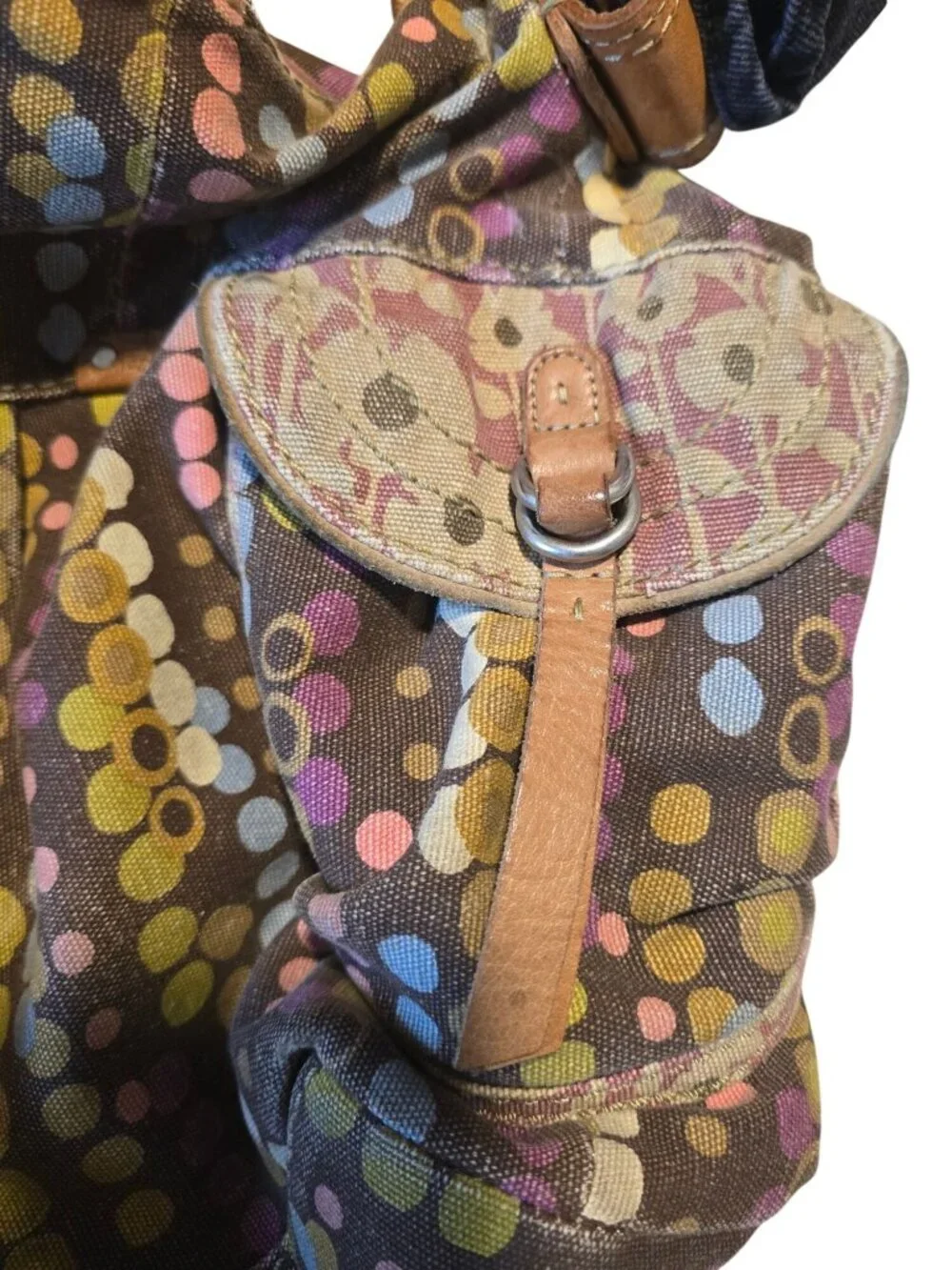 Vintage Fossil Multicolor Dot Canvas Crossbody Bag With Key & Pockets distressed